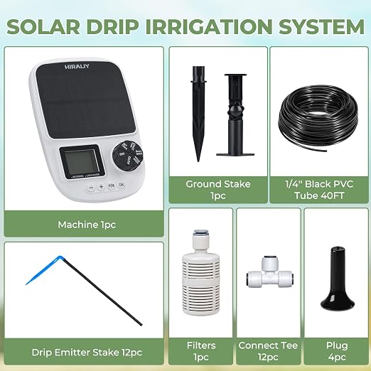 HIRALIY Solar Drip Irrigation System with Timer, Automatic Plant Watering Kit with USB Backup, 12 Drip Emitter Stakes, 40FT Tubing, Water Shortage Alarm for Potted Plants, Patio & Indoor Use