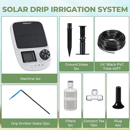 HIRALIY Solar Drip Irrigation System with Timer, Automatic Plant Watering Kit with USB Backup, 12 Drip Emitter Stakes, 40FT Tubing, Water Shortage Alarm for Potted Plants, Patio & Indoor Use