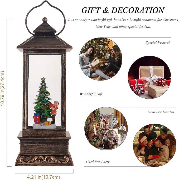 Christmas Snow Globe Lantern-Spark with Music Vintage Home Holiday Decor | Vintage Crystal Snow Lamp With Music And Sparkling Snow Scenery, 6h Timer; Indoor Christmas Tree Shaped Holiday Decorations