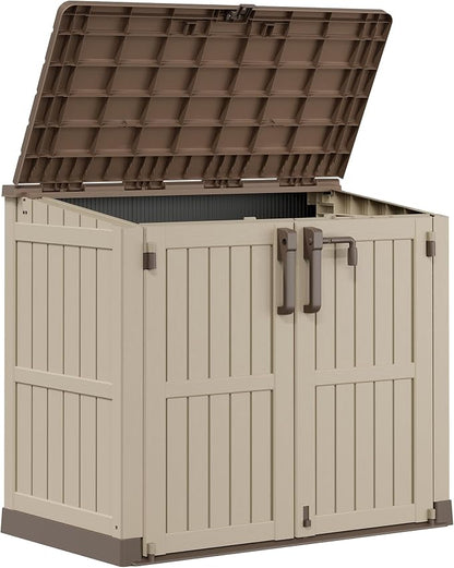 LHBcraft Waterproof Outdoor Storage Box 36 Cu Ft with Lockable Doors, Portable Outdoor Storage Box, Horizontal Outdoor Storage Cabinet for Backyards, Brown-Beige