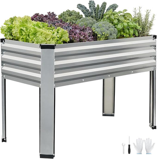 Galvanized Raised Garden Bed with Legs, 48x24x32in Elevated Raised Garden Bed Outdoor with Drainage Holes, Planter Boxes for Gardening Vegetable Flower Fruit in Backyard, Patio, Balcony (Silver)