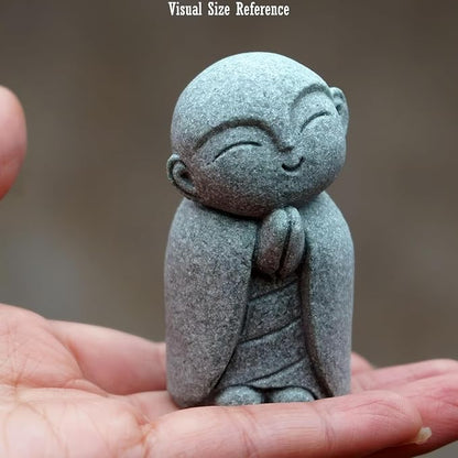 Jizo Statue, Little Monk Buddha Figurines for Zen Garden and Aquarium, Natural Sandstone Sculpture with Tilt Smile, Meditation Decor for Home Office Desk, Grey (Jizo Monk)