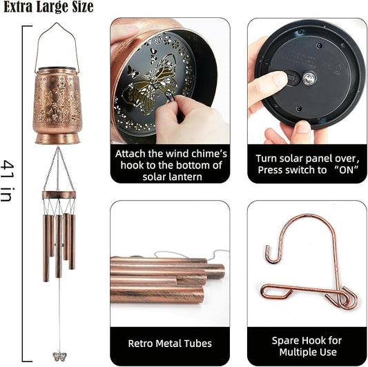 Solar Wind Chimes for Outside 41”, Butterfly Memorial Wind Chimes with Solar Lantern, Metal Hanging Garden Decor, Sympathy Gifts for Mom Grandma Women, Patio Porch Yard