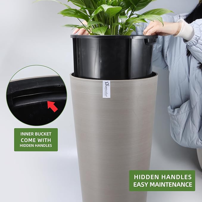 Dexceder 22x13 Self Watering Tall Planter (Coffee, Wire Drawing) | High Cylinder, Thickened Large Floor Standing Flower Plant Pot with Water Level Indicator Indoor Outdoor