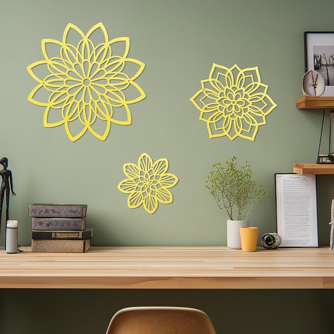 3 Pieces Metal Flowers Wall Decor, Black Wall Decoration Metal, Flower Art Wall Decor Farmhouse Wall Decorations Multiple Flowers Hanging Decor for Bathroom Living Room Home Kitchen Garden Office (Gold Elegant)