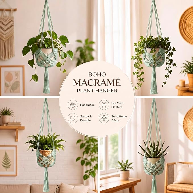 Shappy 1 Pack Boho Macrame Plant Hanger, Large Hanging Planter Plant Holder Pot Hanger Hanging Basket Wall Planters, Plants Lover Gift for Indoor Garden (Diamond Knot Macrame,Sage Green)