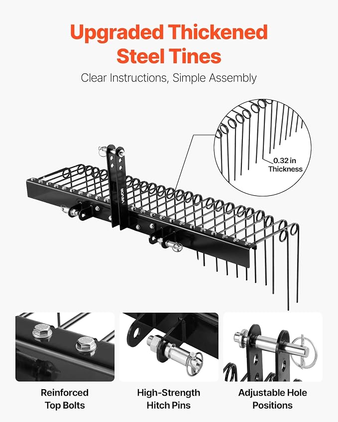 VEVOR 60 in Tow Behind Landscape Rake, 3 Point Hitch Lawn Dethatcher Rake, 26 Spring Steel Tines, for Category 1 Tractors, Heavy Duty & Rust-Resistant Rakes Tractor Attachments for Leaves Pine Needles
