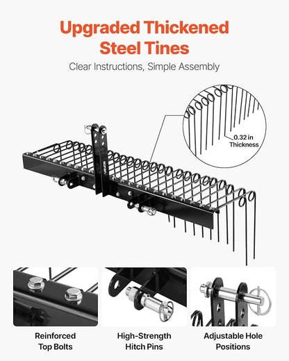 VEVOR 60 in Tow Behind Landscape Rake, 3 Point Hitch Lawn Dethatcher Rake, 26 Spring Steel Tines, for Category 1 Tractors, Heavy Duty & Rust-Resistant Rakes Tractor Attachments for Leaves Pine Needles