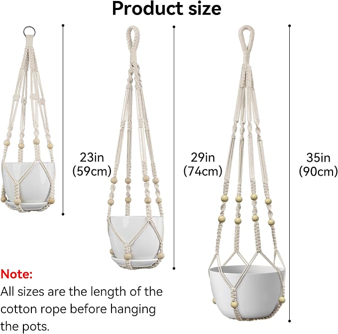 USLAI Macrame Plant Hanger Indoor Outdoor, Fits 4 to 15 Inch Pots, Strong Hanging Planter Holder, Boho Home Decor, 23+29+35 Inch, Ivory (POTS NOT Included)