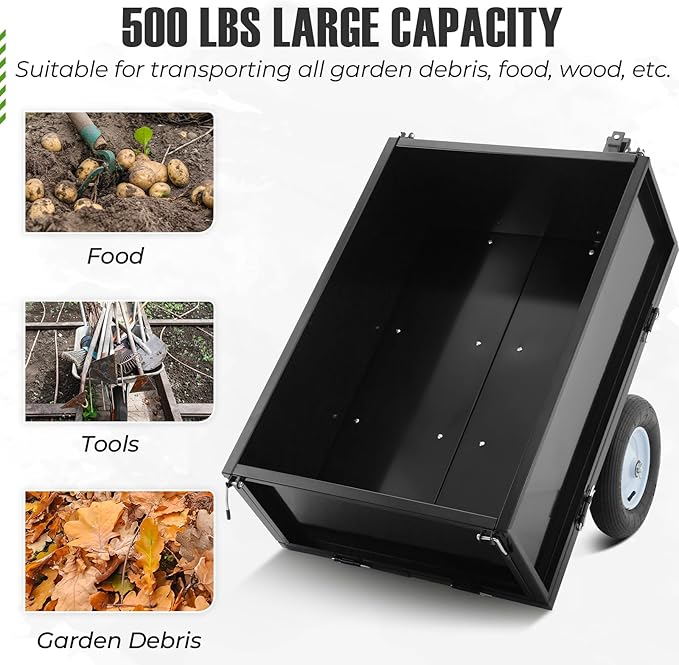 GarveeTech Heavy Duty Steel Dump Trailer, 500 LBS/11.4 Cu.Ft Capacity Garden Dump Cart for Lawn Mower, Utility Trailer with Removeable Rear Panel, Designed for Tractor, ATV, UTV, Black