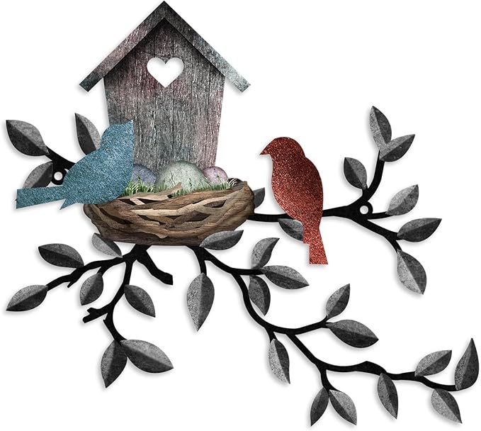 Birds Wall Metal Decor Outdoor Art Hanging Metal Tree with Birdhouse for Living Room Tree Leaf Wall Decor for Indoor Outside Garden, 10.6 x 12 Inches