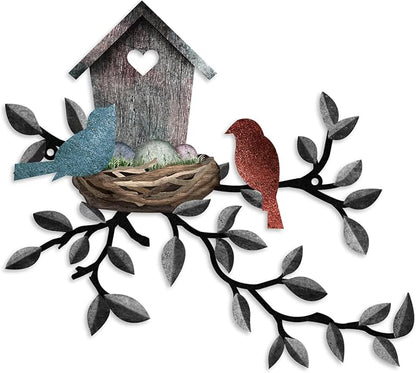 Birds Wall Metal Decor Outdoor Art Hanging Metal Tree with Birdhouse for Living Room Tree Leaf Wall Decor for Indoor Outside Garden, 10.6 x 12 Inches