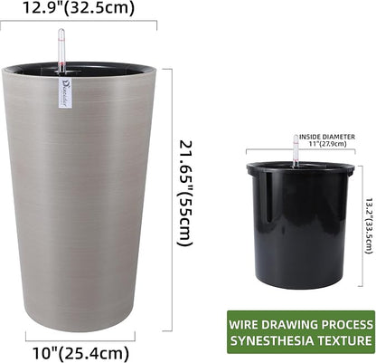 Dexceder 22x13 Self Watering Tall Planter (Coffee, Wire Drawing) | High Cylinder, Thickened Large Floor Standing Flower Plant Pot with Water Level Indicator Indoor Outdoor