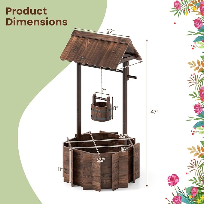 HAPPYGRILL Wooden Wishing Well Planter with Hanging Bucket, Flower Plants Planter, Outdoor Wishing Wells for Yard,Wishing Well Planters for Outside, Home Decor