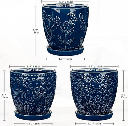 Hollyone Set of 3 Blue Ceramic Planter 6 Inch Flower Plant Pot with Drainage Hole and Saucer for Plants Embossed Indoor Outdoor Garden Embossed Ceramic Glazed Round Pot for Succulent Orchid