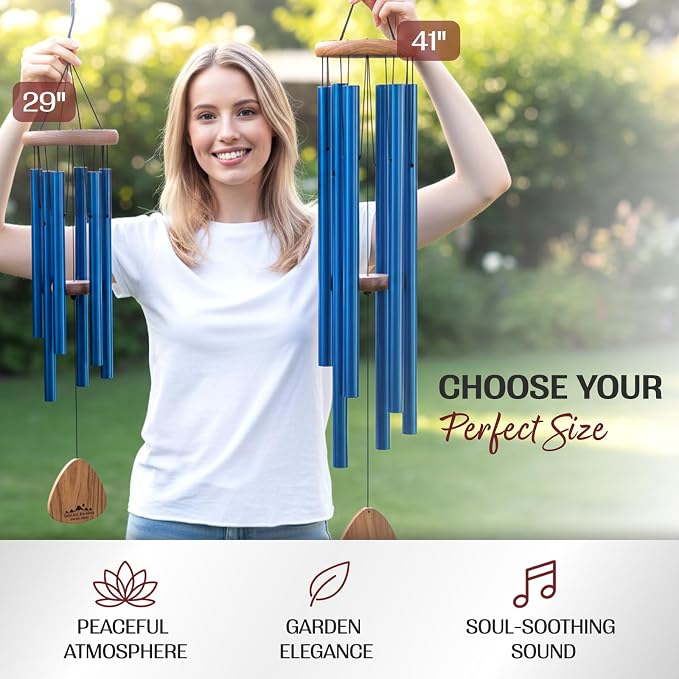 Blue Wind Chimes for Outside Deep Tone, 29 Inch Hand Tuned B Major Pentatonic Soprano Wind Chime with Decorative Kindness Stone, Outdoor Garden Patio Porch Decor, Meaningful Sympathy Memorial Gift