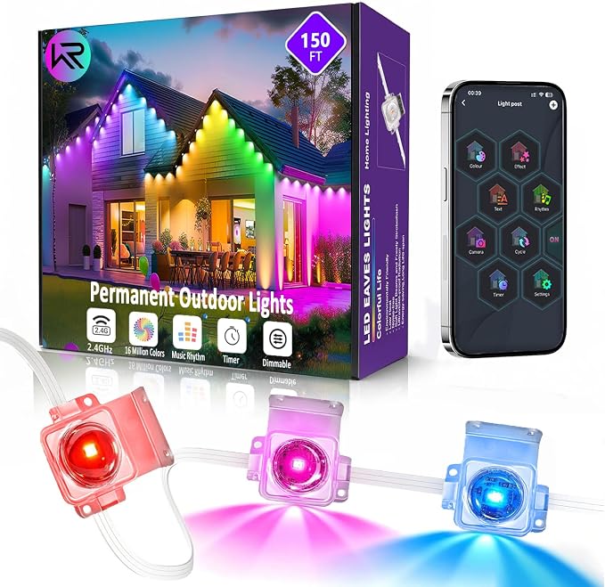 Permanent Outdoor Lights, 150FT with 90 RGBIC LED Lights, 50 Scene Modes, App & Voice Control, Cuttable, Accent & Year‑Round Eave Lighting, Outdoor Eave Lights for Christmas Holiday Patio Yard Decor