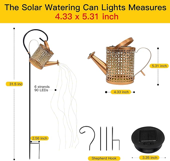Ollny Solar Watering Can with Cascading Lights Outdoor Garden Decor, Father Day Gifts, Birthday Gifts for Women, IP65 Waterproof 2 Lighting Modes Hanging Lanterns for Yard Patio Lawn (Beehive)