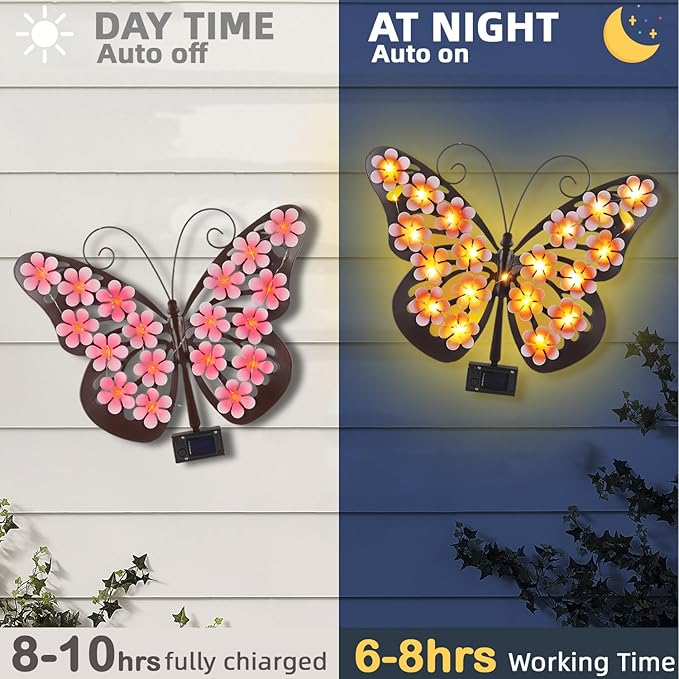 Solar Lights Outdoor Metal Butterfly Wall Decor with 30 Led - 13.5" Outdoor Fence Wall Art,Hanging Decoration for Garden Patio Porch Yard,Gifts for Women,Birthday Gifts for Mom Grandma