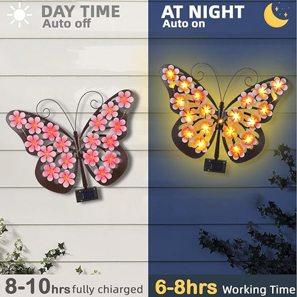 Solar Lights Outdoor Metal Butterfly Wall Decor with 30 Led - 13.5" Outdoor Fence Wall Art,Hanging Decoration for Garden Patio Porch Yard,Gifts for Women,Birthday Gifts for Mom Grandma
