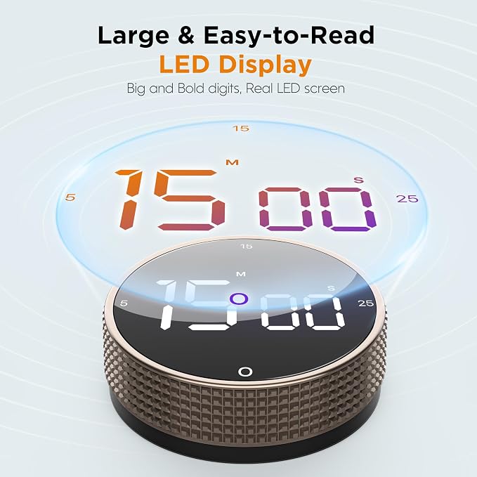 Digital Kitchen Timer - Magnetic Countdown Count Up Clock with Large LED Display, 5/15/25 Min Presets, 3 Volume Levels, Rotary Dial for Cooking, Productivity, Classroom, Fitness (2, Tarnish)