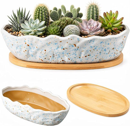 Succulent Planter Pot with Drainage Holes Large Ceramic Glazed Planter with Bamboo Wooden Tray and mesh Pads Shallow Bonsai Pot for Indoor Cactus Flower Plant(Wave-Shaped,Speckle)