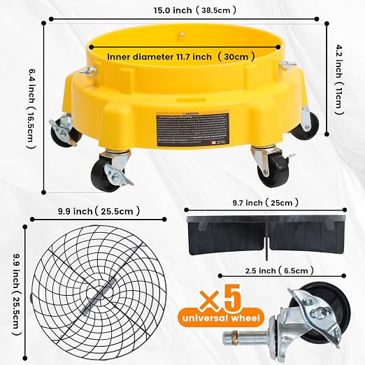 MaxWorks 50978 Car Wash Bucket Dolly – Rolling 5-Gallon Bucket Holder with Removable Debris Catcher & 5 Locking Wheels – Ideal for Washing, Waxing, Polishing & Detailing