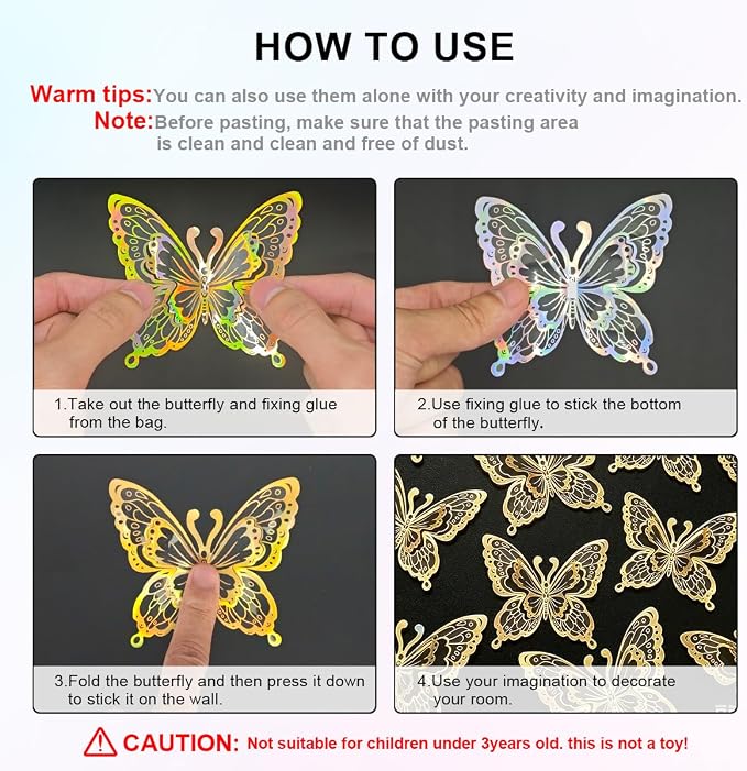 60 Pcs Butterfly Wall Decals - 3D Butterflies Removable Mural Wall Stickers for Home Room Bedroom Door Office Decorations (Gold)