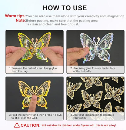 60 Pcs Butterfly Wall Decals - 3D Butterflies Removable Mural Wall Stickers for Home Room Bedroom Door Office Decorations (Gold)