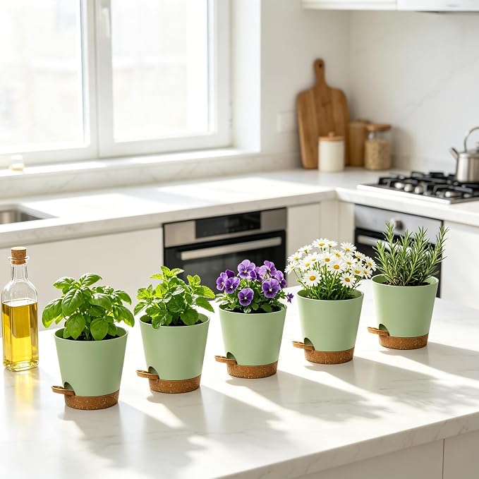 12 Pack 4 Inch African Violet Pots Self Watering, Self-Watering Planters with Drainage Holes & Reservoir, Green Brown Plastic Pots for Indoor Outdoor Plants, Succulents & Flowers