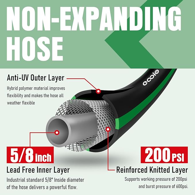 Garden Hose 50 ft x 5/8" with Nozzle, Water Hose Heavy Duty Flexible, Lightweight Kink-less Hybrid Hose with Swivel Handle, Male to Female Fittings