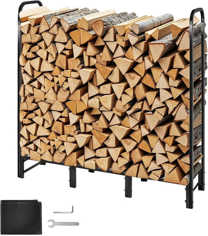 VEVOR Firewood Rack with Waterproof Cover, 4 ft Outdoor Firewood Holder, 1/4 Cord Storage Metal Log Holder, 400lb Max Weight Capacity, Top Covered, Powder-Coated Wood Storage Rack for Fireplace Deck