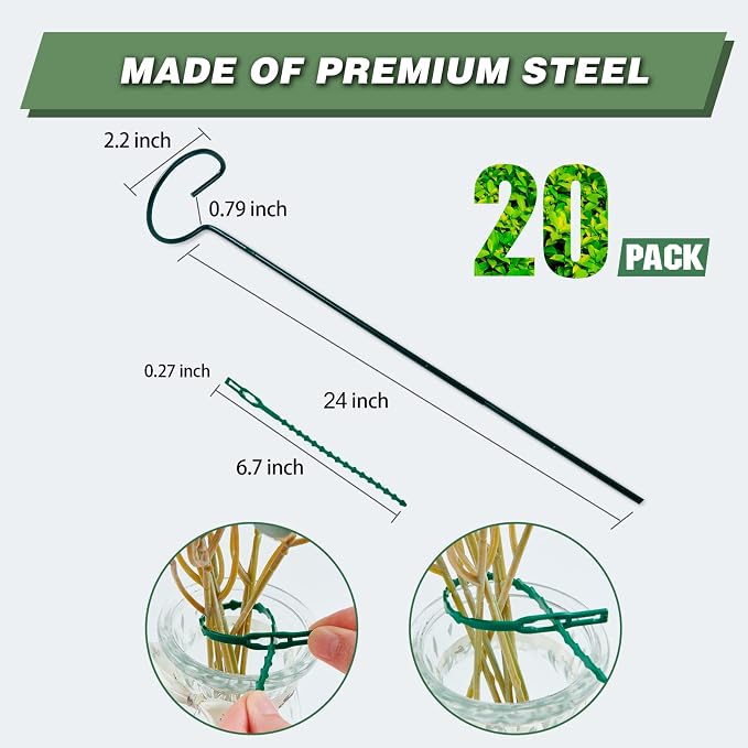 20 Pack 24 Inch Plant Support Stakes for Outdoor Plants and Indoor Flowers | Includes 24 Twist Ties, Sturdy metal, Rust-proof, Supports Iris,Dahlia,Gladiolus,Amaryllis,Rose,Sunflower,Tomato,and more