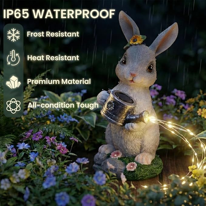 Solar Rabbit Garden Statues Outdoor Decor, Resin Rabbit Figurine Decorations with Solar Watering Can Light, Whimsical Bunny Sculpture for Garden Patio, Balcony, Yard, Lawn Ornament