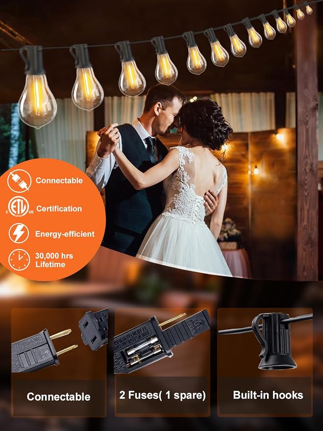 DAMAING 200FT LED Outdoor String Lights with 100+5 Shatterproof Edison LED Bulbs A39, Waterproof Commercial Grade Patio String Lights for Outside Porch Backyard Garden Deck Decor, 2200K Dimmable