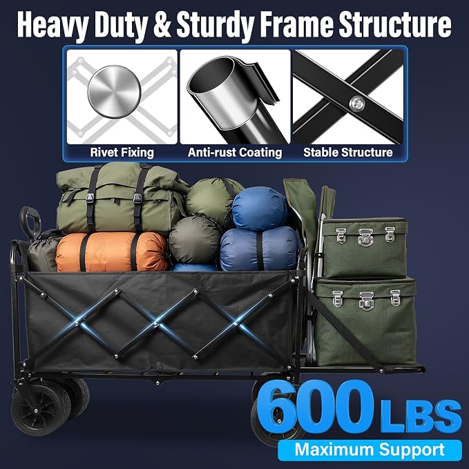Upgraded Folding Wagon Cart with All-Terrain Wheels – Heavy Duty Collapsible Utility Wagon for Grocery, Sports, Garden, Camping, Shopping (Black 600LBS)