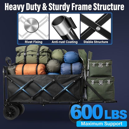 Upgraded Folding Wagon Cart with All-Terrain Wheels – Heavy Duty Collapsible Utility Wagon for Grocery, Sports, Garden, Camping, Shopping (Black 600LBS)