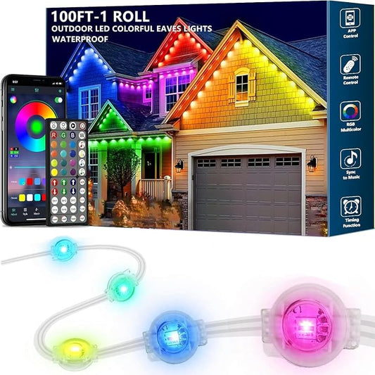 100FT Permanent Outdoor RGB Lights,IP67 Waterproof Smart LED Eaves Lights with App/Remote Control,for Christmas and All Holiday Decor,Daily and Accent Lighting,House Roof and Garden Lighting