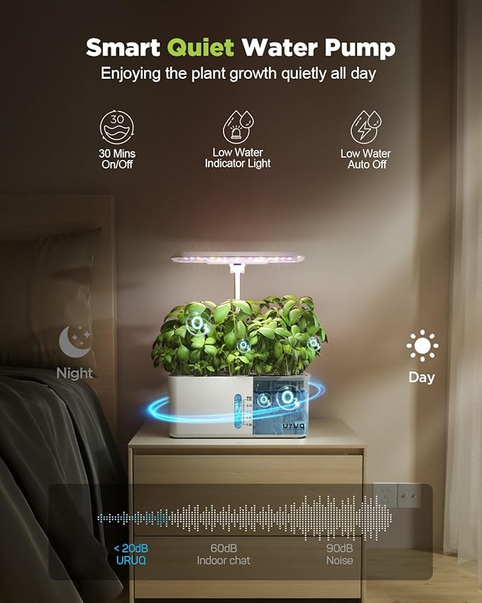 URUQ 8 Pods Hydroponics Growing System with LED Grow Light - White | Quiet Water Pump, Automatic Timer, Adjustable Height for Fresh Herbs, Vegetables, Indoor Gardening, Gifts for Plant Lovers