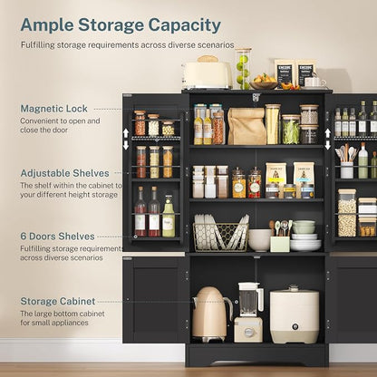 TEENFON Storage Cabinet with 4 Doors, Kitchen Cabinet with 6 Door Shelves, Kitchen Pantry for Living Room, Dining Room, Bathroom, Black