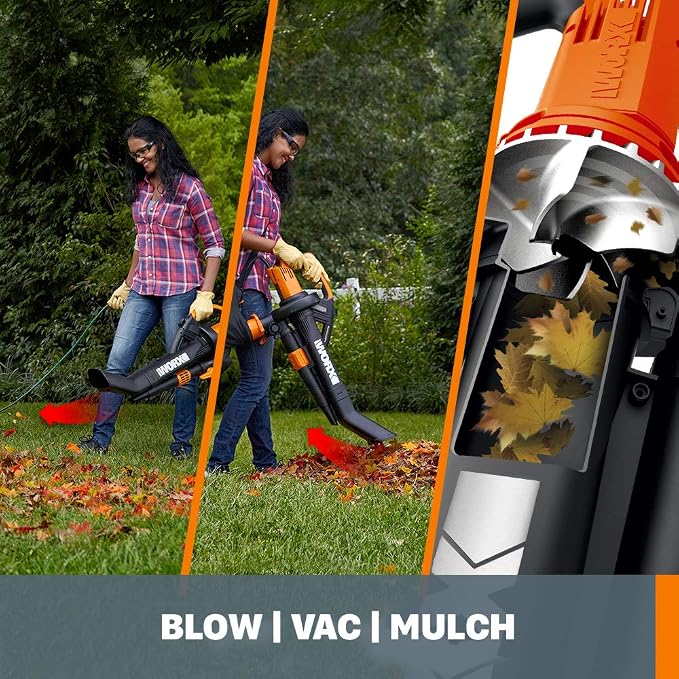 WORX WG261 20V Power Share 22" Cordless Hedge Trimmer (Battery & Charger Included) & WG509 12 Amp TRIVAC 3-in-1 Electric Leaf Blower with All Metal Mulching System