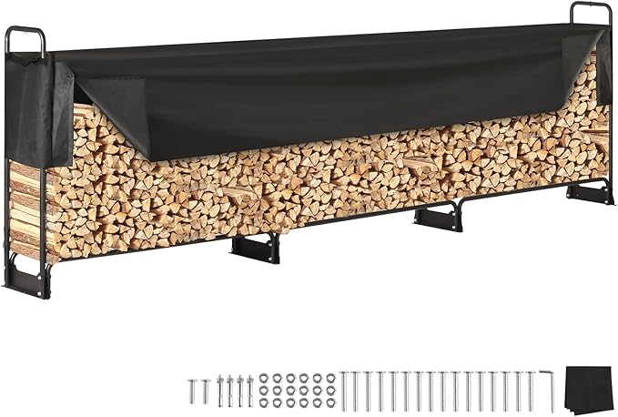 VEVOR 12.7FT Outdoor Firewood Rack with Cover, 152x14.2x46.1in, Heavy Duty Firewood Holder & 600D Oxford Waterproof Cover for Fireplace, Patio, Indoor/Outdoor Log Storage Rack for 3/4 Cord of Firewood