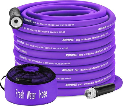 Kohree 50FT RV Water Hose with Storage Bag, 5/8'' Premium Drinking Water Hose, Leak-free, No Odor, Anti-Kink and Flexible Garden Hose for RV, Camper, Truck, Car - Purple