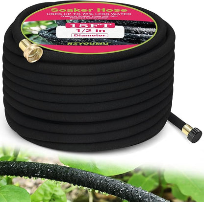 Round Soaker Hose, 1/2 Inch x 15 FT, Heavy Duty Leak-Proof Brass Connectors, Premium Upgraded Material, Efficient Root Watering & Water Saving, Easy Installation for Garden, Lawn & Plants