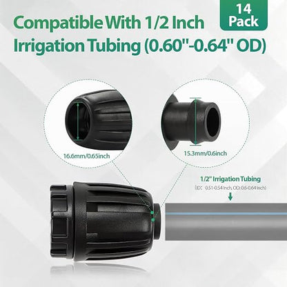 RedChili 14 Pcs 1/2 Inch Irrigation Tubing End Plug Fittings, (1/2" ID x0.6-0.65" OD) 16mm Drip Tubing Barbed Locked Nuts Connectors Anti-Drop 1/2" Plug Parts for Garden Lawn Irrigation System