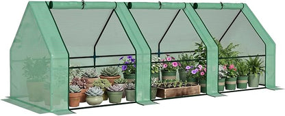 Outsunny 9' x 3' x 3' Mini Greenhouse with Zippered Doors & Roll-up Windows, Portable Plant Hot House with PE Cover, Water Resistant, UV Protected for Outdoor Flowers, Vegetables, Green