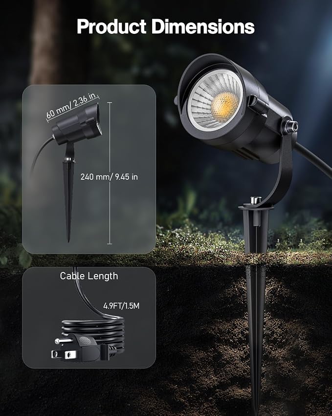 HIBOITEC 12W Plug in Outdoor Spotlights 6 Packs, 36° COB LED Spot Light Waterproof, ET; Listed 2900K Landscape Lights with Aluminum Stake for Yard Driveway Garden House Facade