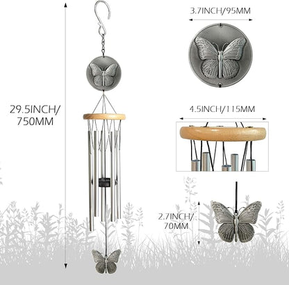 Butterfly Wind Chimes for Outside,29 "29 "Outdoor Wind Chime Butterfly Gifts for Women/Mother/Father/Christmas,Unique Windchimes Outdoors Butterfly Garden Patio Home Yard Decor(Silver)