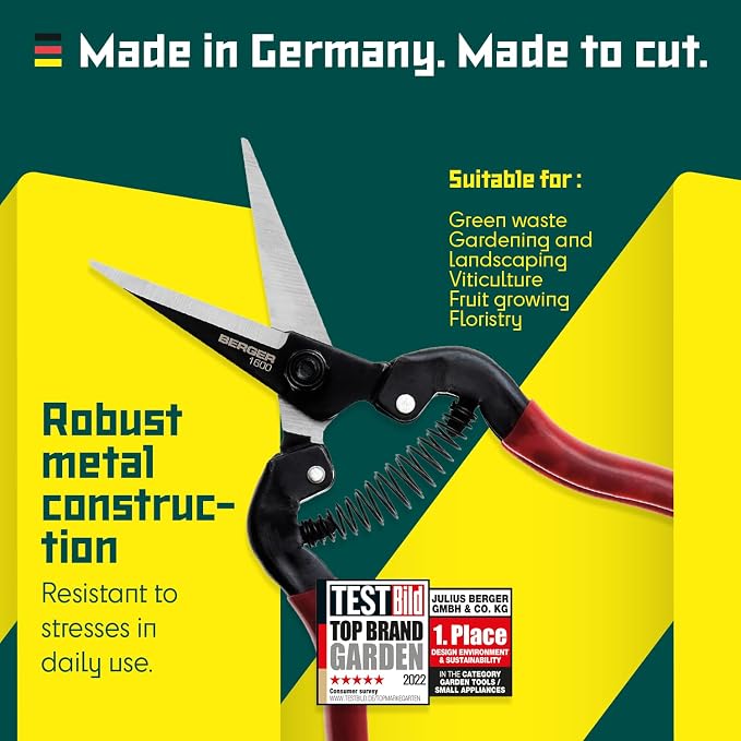 BERGER Pruning Snips – 7.5" Lightweight Garden Shears with Sharp Straight Blade, Steel Construction, Comfort Grip with Cold Protection, Gardening Clippers – 1600