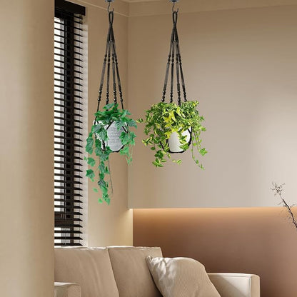 LEWESU Macrame Plant Hanger Indoor Set of 4 with 8 Hooks, Indoor Outdoor Hanging Planter for Plants Holder with Decorative Wood Beads & No Tassels, Boho Home Decor, 35 Inch Black (Pots Not Included)